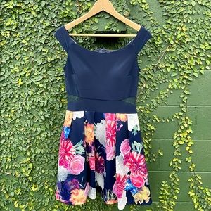 Aqua Blue & Floral Fit & Flare Dress Size 8